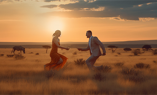 festklätt svenskt par dansar på savannen